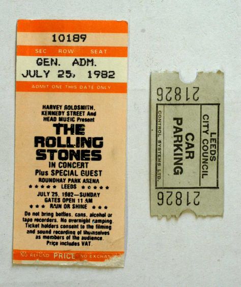 Ticket stub and parking ticket for The Rolling Stones concert at Roundhay Park, Leeds, July 25 1982. LEEDM.E.1982.0124 Concert Ticket, Ticket Design Vintage, Vintage Ticket Design, Concert Ticket Art, Ticket Stub, 90s Concert, Vintage Concert Tickets, Vintage Theatre Ticket, Gig Tickets