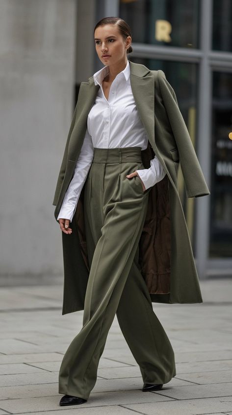 Step out in style with this sophisticated ensemble featuring a crisp white button-up shirt tucked into high-waisted olive green trousers, complemented by a tailored green coat. This look exudes confidence and professionalism, perfect for any urban setting. The model's poised stride and minimalist accessories highlight the outfit's modern elegance, making it an ideal choice for both business meetings and stylish outings. Minimalist Urban Fashion, Olive Green Suit For Women, Olive Green Trousers Outfit, Green Monochromatic Outfit, Monochromatic Outfit Aesthetic, Green Trousers Outfit, Olive Green Trousers, Older Women Dresses, 2024 Family