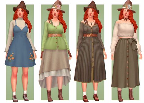 🍂 some looks for a plant witch 🍂 Ts4 Cc Witch Clothes, Ts4 Witch Cc, Witch Lookbook, Sims 4 Witch Cc, Plant Witch, Sims Medieval, Cottagecore Clothes, Pelo Sims, Sims 4 Game Mods