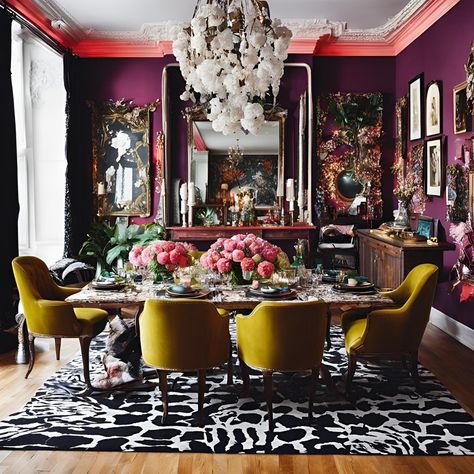 Maximalist dinnig room 😍 Dining Room Maximalist, Warm Maximalism, Maximalist Dining Rooms, Dark Maximalist Decor, Maximalist Garden, Whimsical Interior Design, Maximalist Dining Room, Vintage Maximalist Decor, Teal Bedroom Ideas