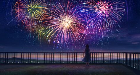 Artist: ヨマニカ twitter/@yomanika0021 #fireworks #scenery #girl #background Firework Background, Winter Snow Wallpaper, Fireworks Animation, Skyrim Wallpaper, Fireworks Background, Mood Aesthetic, Girl Background, Desktop Wallpapers Backgrounds, City Pictures