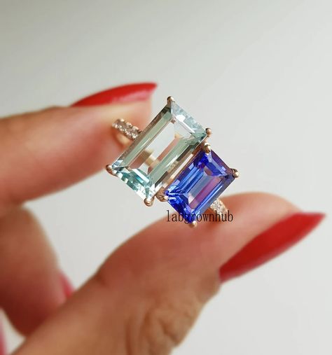 Engagement Ring Aquamarine, Aquamarine Wedding Ring, Aquamarine Wedding, Gems Ring, Two Stone Ring, Glam Wedding, Shiny Things, Stone Engagement, Aquamarine Blue