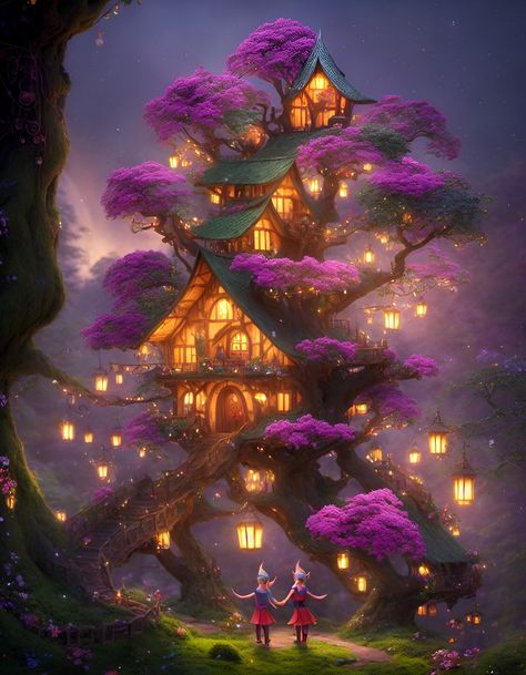 Tree House Fantasy Art, Fantasy Tree Art, Magic Tree Art, Fantasy House Art, Fantasy Tree House, Fantasy Treehouse, Adult Tree House, Team Drawing, Fantasy Buildings