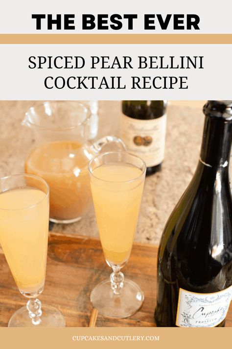 In this post you'll learn the best, easy Pear Bellini recipe for any time of year. If you're looking for a pear cocktail recipe, this one uses my favorite cocktail hack - pear juice that I infused with cinnamon and other spices to create a flavorful base that pairs perfectly with champagne. This is a great drink to make for a crowd. Get the Spiced Pear Bellini recipe at cupcakesandcutlery.com! Pear Champagne Cocktail, Pear Bellini Recipe, Drunken Cupcakes, Aquavit Cocktails, Bellini Cocktail Recipes, Pear Cocktail, Pear Cocktails, Bellini Cocktail, Bellini Recipe