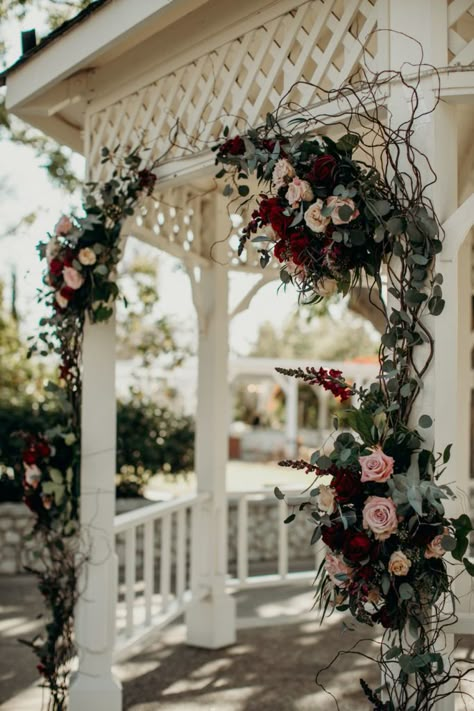 Wedding Gazebo Flowers Draping, Fall Wedding Gazebo Decor, Wedding Ceremony Pergola Decor, Ceremony Gazebo Decorations, Gazebo Fall Wedding Decorations, Gazebo Flower Decorations, Fall Gazebo Wedding, Gazebo Wedding Flowers, Gazebo Flowers Wedding