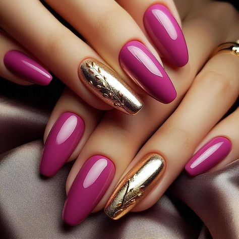 Magenta Gold Nails, Magenta And Gold Nails, Cute Manicure, Neon Design, Glitter Ombre, Ombre Effect, Accent Nails, Nail Tutorials, Gold Nails