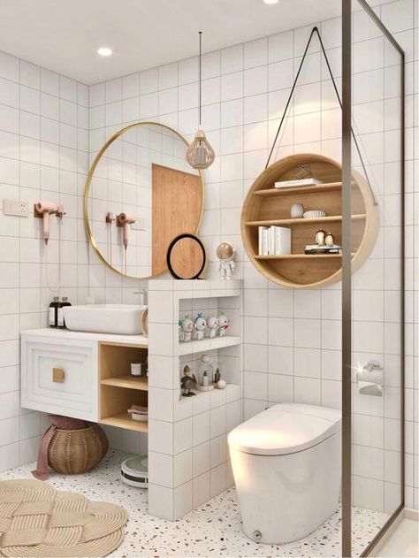 Most of bathrooms today are joined ones. How to zone such a space right? Half walls will help! Here are ideas to rock them. Moroccan Inspired Bathroom, Half Wall Ideas, Gray Bathroom Walls, White Square Tiles, Indoor Outdoor Bathroom, Tropical Bathroom, Half Walls, Bright Bathroom, Space Dividers