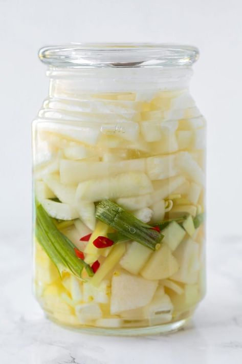 Dongchimi (Korean Radish Water Kimchi) Water Kimchi, Korean Radish, Kimchi Recipe, Fermentation Recipes, Cold Soup, Korean Dishes, Pickle Juice, Recipe For Mom, Fermented Foods