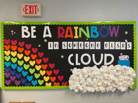 Rainbow Display Board, Pride Bulletin Board Ideas Work, Empathy Bulletin Boards For School, Abc Bulletin Board Ideas, We Are A Rainbow Of Possibilities Bulletin Board, First Grade Bulletin Board Ideas Hallways, Inspirational Bulletin Boards For School Hallways, Rainbow Display Classroom, Rainbow Bulletin Board Ideas Preschool