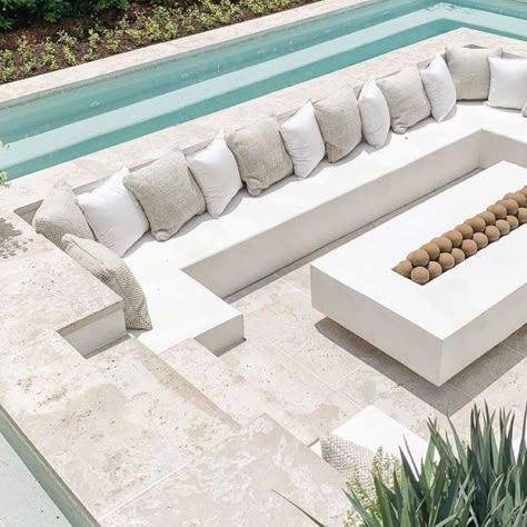 6 Tips for Designing With Large Concrete Pavers | Handcrafted Concrete Pavers Concrete Pool Design, Concrete Pool Pavers, Modern Pool Pavers, Large Pool Designs, White Pavers Around Pool, Concrete Outdoor Area, Concrete Seating Outdoor, Pool Pavers Ideas, Pool Seating Area