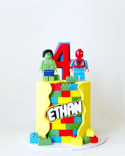 MATAMIESE CAKES on Instagram: “Another fun one from the weekend! 🥳Created a couple of superheroes from fondant for this Lego themed cake. #cake #birthday #fondant…” Cake With Different Themes, Lego Roblox Birthday Party, Marvel Lego Cake, Lego Cake Ideas Boys, Cake Lego Birthday, Lego Birthday Cake For Boys, Lego Cakes For Boys, Lego Pasta, Lego Superhero Cake