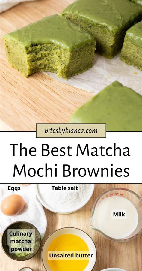 Try these matcha mochi brownies for a unique twist on traditional brownies. This mochi brownie recipe creates chewy and slightly cakey treats that are full of flavor. Perfect for fans of matcha mochi bars, these matcha bars blend the best of both worlds. Add this to your collection of matcha mochi brownie recipes for a delicious and satisfying dessert. Matcha Brownies Recipes, Mochi Bars, Mochi Brownie Recipe, Mochi Brownie, Matcha Recipe Baking, Mochi Brownies, Matcha Snacks, Matcha Dessert Recipes, Matcha Baking