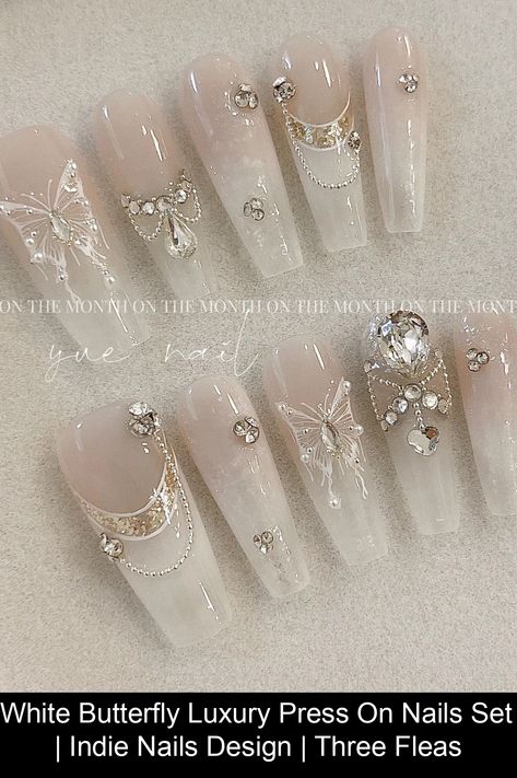 Nail Shape Chart( Thumb to little finger Length: mm) Product Detail: 1. Set Includes: 10 nails of your size 24 Jelly stickers 1 nail files 1 cuticle stick Glue 2. Size Refer (Nail Width: mm) XS( 14,10,11,10,8) S(15,11,12,11,9) M(16,12,13,12,10) L(17,13,14,13,11) Instruction 1. Buff your nails, keeping them clean and dry. 2. Choose the jelly sticker that fits your nail size. 3. Select nails and adhere them from bed to tip. Press for 10 seconds. 4. White Detailed Nails, Princess Wedding Nails, Angel Core Nails, White Fancy Nails, Nail White Design, Pretty White Nails, Nails Butterfly Design, Cute Nails White, White Butterfly Nails