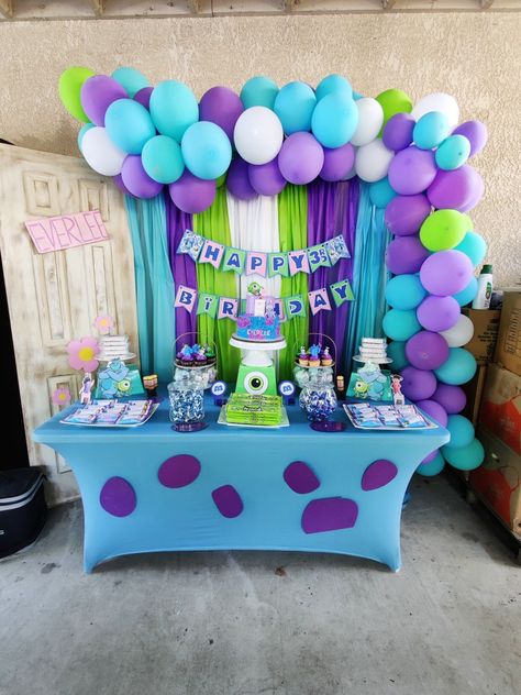 Monsters Inc One Year Birthday, Monsters Inc Birthday Party Backdrop, Monsters Inc Backdrop Party Ideas, Monster Inc Table Center Piece, Monsters Inc Birthday Food Ideas, 1st Birthday Monsters Inc, Monsters Inc Table Decorations, Our Boo Is Turning Two Monsters Inc, Monsters Inc Birthday Decorations