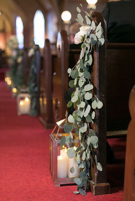 Eucalyptus Wedding Ceremony Decor, Greenery Wedding Aisle Decor, Wedding Chapel Decorations Alter, Chapel Pew Wedding Decorations, Wedding Aisle Greenery And Candles, Wedding Ceremony Church Decorations, Chapel Wedding Decorations Pews, Lantern Wedding Isles Decoration, Eucalyptus Wedding Aisle