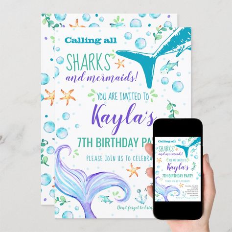 Sharks And Mermaids, Mermaids Birthday Party, Shark Birthday Invitation, Combined Birthday Parties, Mermaid Birthday Party Invitations, Shark Birthday Invitations, Summer Party Invitations, Shark Birthday Party, Mermaid Invitations