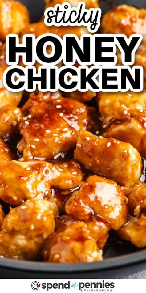 Whip up this quick and easy Honey Chicken for a perfect weekday dinner! In just 20 minutes, enjoy tender, juicy chicken coated in a honey sauce, served with rice, and garnished with sesame seeds—it's the ideal choice for a busy weeknight meal. #honeychicken #easy #chinese #spendwithpennies Sticky Honey Chicken, Honey Chicken Recipe, Homemade Chinese Food, Sticky Chicken, Sweet And Spicy Sauce, Weekday Dinner, Honey Sauce, Chinese Cooking Recipes, Easy Chinese Recipes