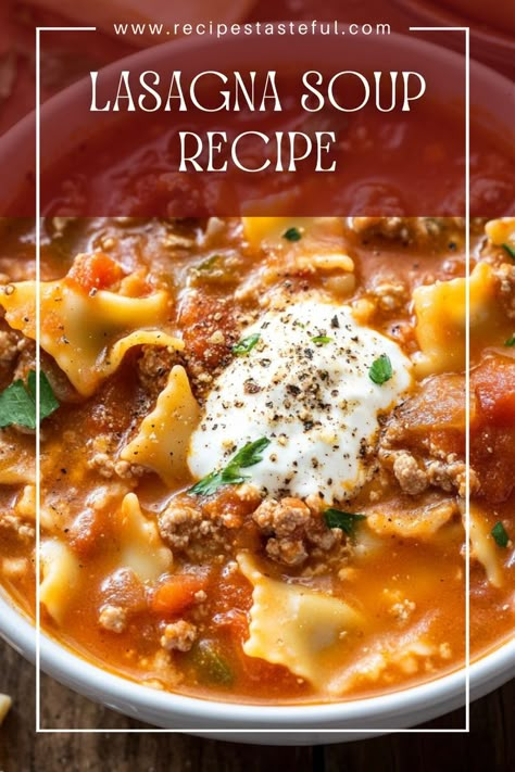 A comforting and hearty twist on traditional lasagna, this Lasagna Soup features ground beef, pasta, and rich tomato flavors, topped with creamy cheeses for a delicious meal perfect for any occasion. Spaghetti Soup Recipes Ground Beef, Lasagne Soup Recipe, Spaghetti Soup, Lasagne Soup, Lasagna Soup Crockpot, Easy Lasagna Soup, Lasagna Soup Recipe, Beef Lasagna, Ground Beef Pasta