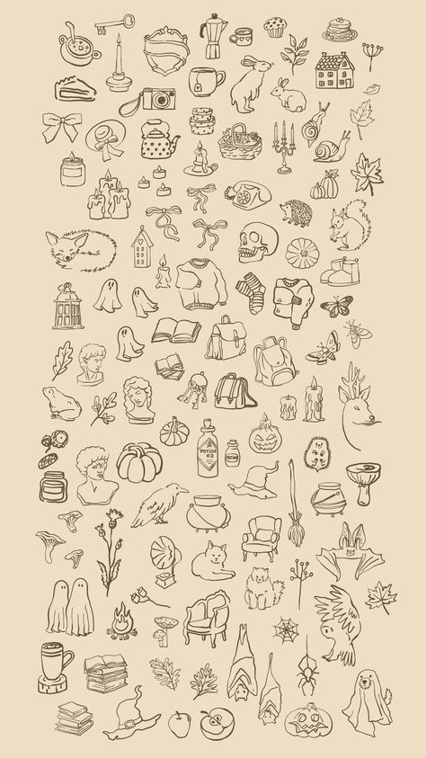 Autumn Elements Illustration, Autumn Doodles Drawings, Fall Doodles Aesthetic, Fall Pattern Illustration, Autumn Illustration Aesthetic, Fall Tattoos For Women, Fall Doodles Easy, Fall Themed Drawings, Cute Fall Illustration