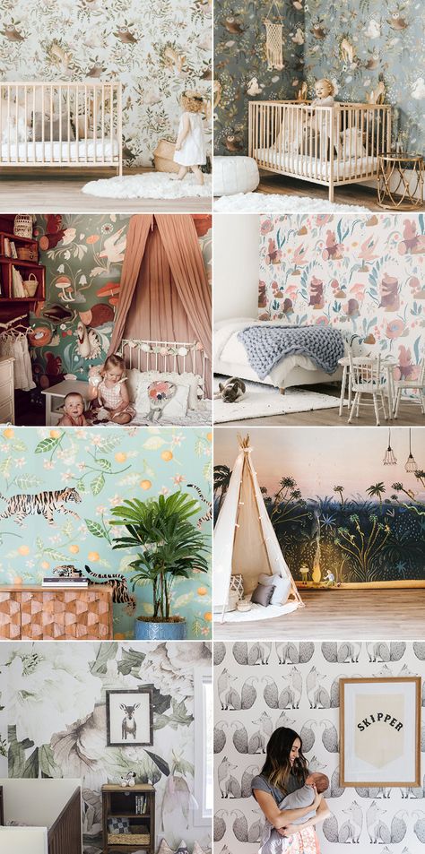 Whimsy Woodland-Themed Nursery Trend! 24 Modern Baby’s Room Wallpapers with Major Enchanted Forest Vibes! Forest Nursery Girl, Nursery Wallpapers, Forest Theme Nursery, Bedroom Forest, Rustic Baby Rooms, Nursery Wallpaper Boy, Enchanted Forest Nursery, Baby Room Boy, Twins Nursery