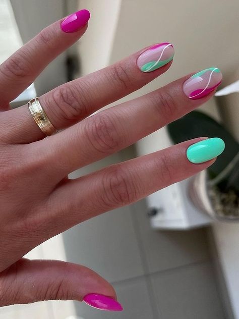 hot pink and neon green nails with swirls Nail Art Designs 2023, Tiffany Blue Nails, Easter Nail Art Designs, Aqua Nails, Teal Nails, Easter Nail, Turquoise Nails, 38 Super, Easter Nail Art