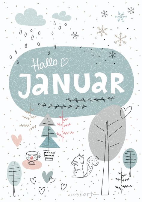 Hallo Januar, Illustration, Zeichnung, Winter, Monat, Kalenderbild, Karten, Cards, Print, silart, silartiges, happy draw Drawing Planner, Cards Drawing, Book Illustration Layout, Hello January, Winter Illustration, Winter Watercolor, Animal Doodles, Business Card Inspiration, Pink Books