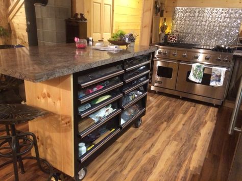 Lowes Toolbox converted into a kitchen island complete with seating for 4  Toolbox houses all my plates bowls and serving dishes. Silverware , utensils, towels and trivets... Even a bread drawer I do not have any upper cabinets only a pantry a lazy Susan and 3 lower cupboards  Storage is not an issue Toolbox Kitchen Island, Toolbox Kitchen, Kitchen Island Furniture, Kitchen Steel, Portable Kitchen Island, Loft Designs, Rolling Kitchen Island, White Kitchen Island, Portable Kitchen