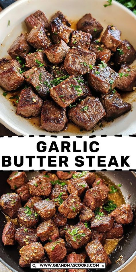 These Garlic Butter Steak Bites are packed with flavor in every bite! Tender pieces of steak seared to perfection and coated in rich, garlicky butter make this the ultimate savory snack or meal. Quick, easy, and incredibly satisfying! Steak Bites With Garlic Butter, Peper Steak, Foil Packet Potatoes, Garlic Butter Steak Bites, Butter Steak Bites, Steak Bites Recipe, Mustard Dipping Sauce, Butter Steak, The Best Burger