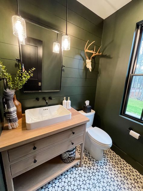 Lake Home Bathroom Ideas, Guest Bathroom Sink Ideas, Outdoor Theme Bathroom, Dark Blue Master Bath, Rectangle Sink Bathroom, Green Sink Bathroom Ideas, Woodsy Bathroom Ideas, Farmhouse Green Bathroom, Cabin Bathroom Tile