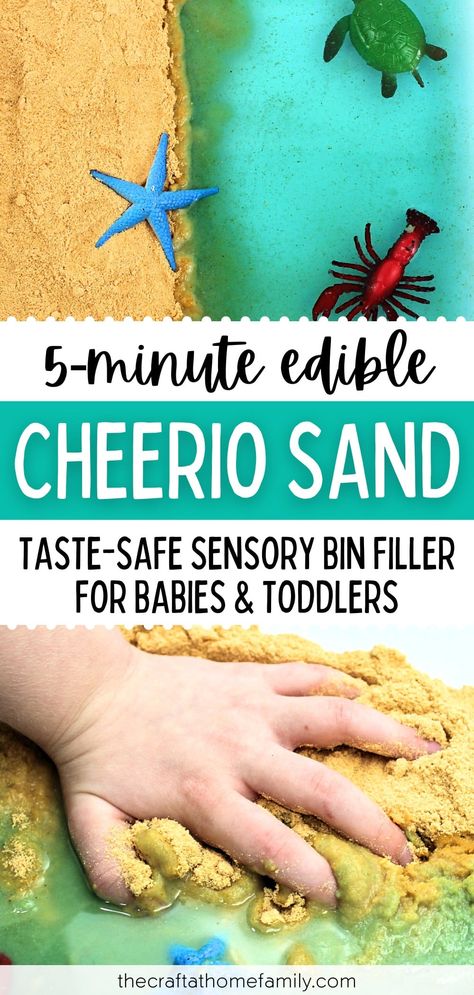 Toddler Beach Sensory Bin, Sand And Water Ideas Preschool, Beach Themed Toddler Activities, Edible Beach Sensory Bin, Beach Sand Sensory Bin, Taste Safe Ocean Sensory Bin, Edible Sand Recipe, Sensory Beach Activities, Crushed Cheerios Sensory Bin