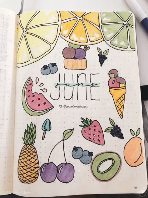 Cute Drawings Summer, June Planner Ideas, Journal Ideas June, Summer Doodles Aesthetic, June Doodles, Summer Journal Aesthetic, June Drawings, June Journaling, Fruit Journal