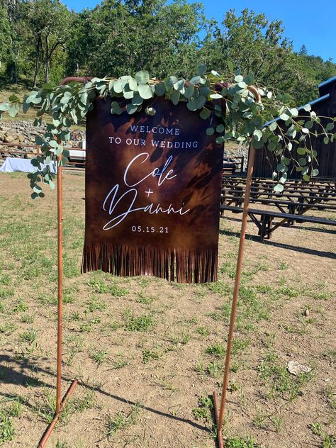 Western Wedding Welcome Sign, Western Wedding Signs, Leather Centerpiece, Colorado Bachelorette, Country Wedding Party, Western Wedding Decorations, Copper Stand, Wedding Signs Rustic, Wedding Welcome Table