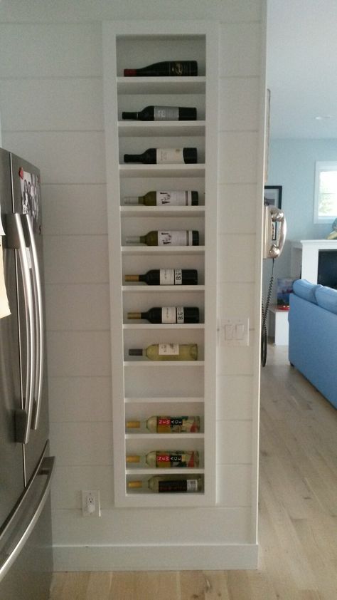 Built in wall wine rack Built In Dry Bar With Wine Rack, Built In Wall Wine Storage, In Wall Wine Rack Built Ins, End Of Cabinet Wine Rack, Wall Niche Dining Room, Built In Wine Storage Wall, Built In Wine Shelf, Wine Storage Cabinet Built Ins, Wall Mounted Wine Rack Ideas