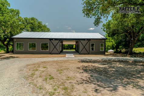 The “Easy Breezy Barndo” is an ideal dog trot Barndo for family gatherings. This custom 50′ x 70′ Barndo offers two living spaces under one roof connected by a porch. The exterior features a 10’ full length back porch, custom metal barn doors, with Charcoal walls, Galvalume roof, and Black trim. With a total of 2,200 square feet, it includes ... Read More House Plan With Dog Trot, Modern Dog Trot House Plans, Breezeway House Plans, Barndominium Breezeway, Dog Trot Homes, Dog Trot House Plans Breezeway, Dogtrot Barndominium, Dog Trot Barndominium, Dog Trot Floor Plans