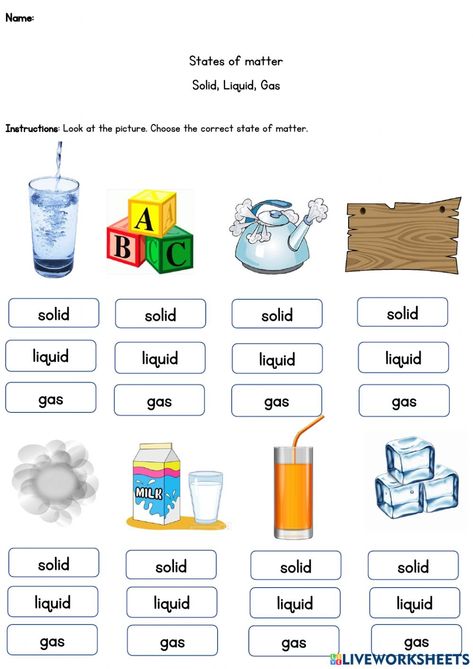 States of matter online activity for 2. You can do the exercises online or download the worksheet as pdf. 3 States Of Matter, Matter For Kids, Forms Of Matter, Solid Liquid Gas, States Of Matter Worksheet, Matter Worksheets, Second Grade Science, States Of Matter, Teacher Worksheets