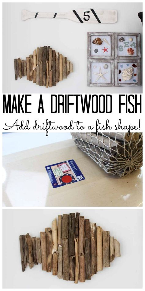 Make driftwood wall art for your beach home decor! A quick and easy project that is perfect for a nautical themed home! Diy Fish Decor, Seashell Crafts Diy, Diy Fishing Decor, Rustic Fishing Decor, Fishing Decor Ideas, Fishing Crafts, Diy Driftwood, Driftwood Diy, Driftwood Ideas