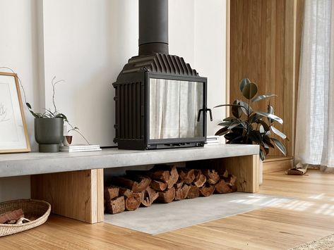 Concrete Fire Hearth Timber Legs Cheminees Philippe - Torquay | timber legs - jan juc - cassidy Cheminees Philippe Fireplace, Concrete Hearth, Fire Hearth, Concrete Studio, Concrete Tile Floor, Concrete Fireplace, Dry Creek, Concrete Floor, Wood Fireplace