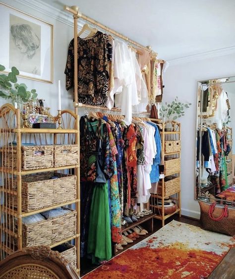 Boho Room Wardrobe, Canvas Wardrobe Ideas, Bohemian Dressing Room, Boho Closet Organization, Funky Closet Ideas, Vintage Dressing Room Ideas, 2023 Boho Style, Boho Walk In Closet, Boho Closet Ideas