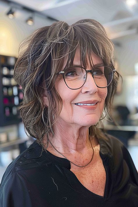 Best Shag Haircuts for Women Over 60 Silver Shag Hairstyles, Sally Hershberger Shag, Shag Hairstyles With Glasses, Shag Haircut With Glasses, Wispy Shag Haircut, Haircuts Shaggy Layers, Grey Hair With Brown Lowlights, Wispy Shag, Highlights For Women