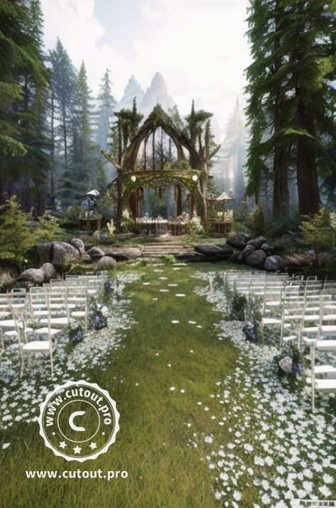 Fairy Garden Ideas Enchanted Forest Outdoor Weddings, Elvish Wedding Decor, Elven Wedding Aesthetic, Indoor Fantasy Wedding, High Fantasy Wedding Theme, Outdoor Fantasy Wedding, Elvish Wedding Theme, Rivendell Wedding Theme, Runescape Wedding