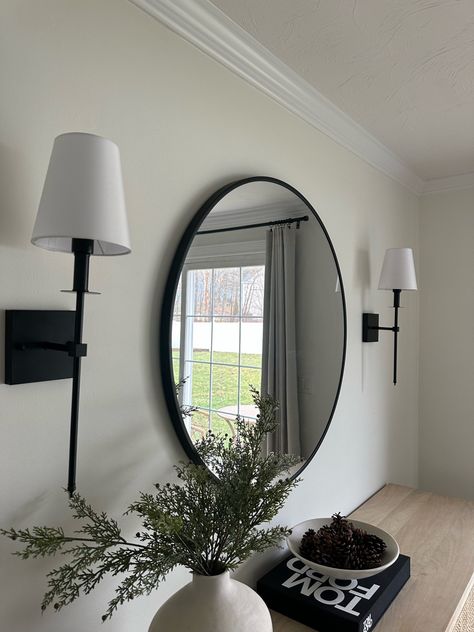 Entry Table With Sconces, Round Mirror With Wall Sconces, Round Mirror Sconces, Round Mirror With Sconces, Dining Room Sconces, Wall Sconces Dining Room, Battery Operated Sconces, Big Round Mirror, Decor Console Table