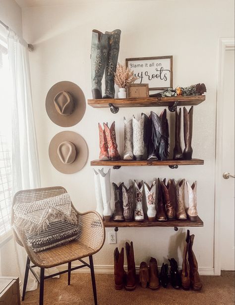 Western boot storage, boot wall Home Made Clothes Rack, Cowboy Boots Storage Ideas, Neutral Western Aesthetic Home, Boot Wall Rack, Cowgirl Boot Shelf, Boot Closet Storage, Western Boot Storage, Cowgirl Boot Storage, Cowboy Boot Organization