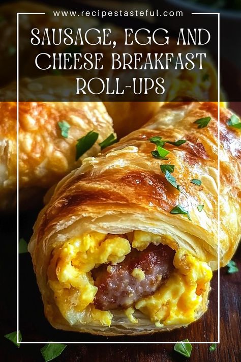 These Sausage, Egg and Cheese Breakfast Roll-Ups are a delicious and easy breakfast option perfect for busy mornings. With flaky crescent rolls, savory sausage, and creamy cheddar cheese, these roll-ups will satisfy your morning cravings! Egg And Sausage Crescent Rolls, Breakfast Sausage Cresent Roll, Sausage Egg And Cheese Breakfast Roll Up, Super Bowl Breakfast Ideas, Sausage Egg Breakfast Roll Ups, Make Ahead Easy Breakfast Ideas, Sausage Egg Cheese Breakfast Roll Ups, Sausage Egg Crescent Roll, Sausage Pinwheels Bisquick