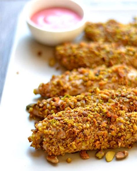 Pistachio Crusted Chicken with Raspberry Mustard Sauce - Wholesomelicious Pistachio Crusted Chicken, Pistachio Chicken, Raspberry Mustard, Delish Dinners, Pecan Crusted Chicken, Lemon Chicken Piccata, Crusted Chicken Tenders, Honey Mustard Dipping Sauce, Mustard Dipping Sauce