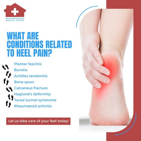 🦶 Heel pain can be caused by obesity, abnormal walking style, standing or walking or running on hard surfaces and wearing ill-fitting shoes. Some of the conditions related to heel pain include:
👣 Plantar fasciitis
👣 Bursitis
👣 Achilles tendonitis
👣 Bone spurs
👣 Calcaneus fracture
📲 Let us take care of your feet today! https://www.neighborhoodmedicalcenter.com/contactus

#heelpain #footcare #foothealth #bunion #neighborhoodmedical #neighborhoodmedicalcenter #medicalcenter #dallas #texas Calcaneus Fracture, Haglunds Deformity, Walking Style, Heel Pain, Foot Health, Medical Center, Dallas Texas, Take Care Of Yourself, Take Care