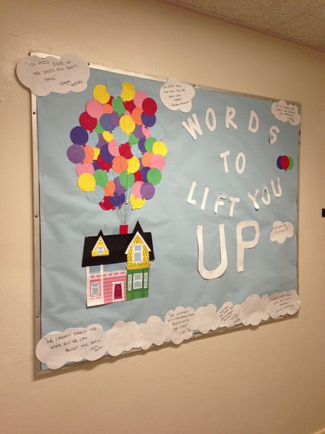 RA bulletin board! Pixar's Up themed! Good bulletin board during midterm season! Up Bulletin Board, Resident Assistant Bulletin Boards, Health Bulletin Boards, March Bulletin Board, College Bulletin Boards, Work Bulletin Boards, Halloween Bulletin Boards, Ra Boards, Ra Bulletins