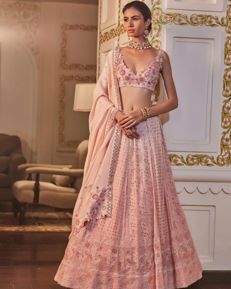 SAWAN GANDHI on Instagram: “Inaayat . . Bloom with GRACE . . The gentle splendour of pastels and neutrals , exquisite chickankari as an accessory to fine floral…” Sawan Gandhi, Bloom With Grace, Indian Outfits Lehenga, Traditional Indian Dress, Indian Look, Desi Fashion Casual, Indian Fashion Saree, Pink Lehenga, Indian Bridal Dress