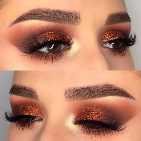 Christmas Eve Makeup, Copper Eye Makeup, Copper Eyeshadow, Copper Eye, Makeup Ojos, Clear Brow Gel, Copper Glitter, Bronze Makeup, Glitter Eye Makeup