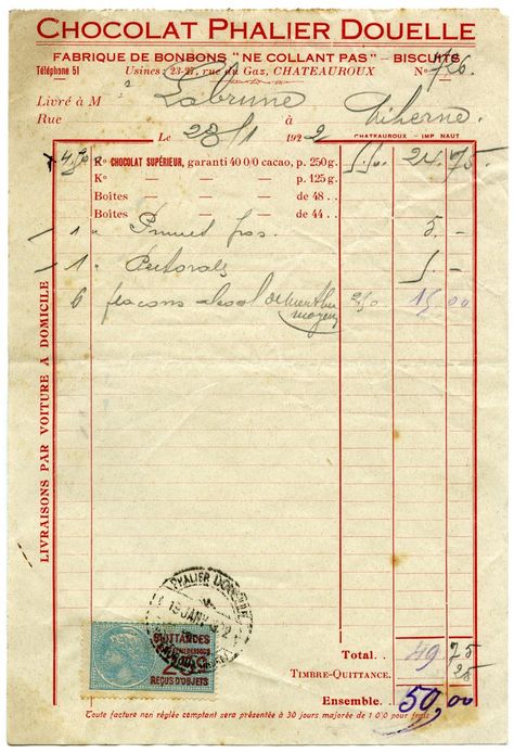 Here is a vintage French receipt for items purchased from Chocolat Phalier Douelle in 1922. Click on image to enlarge. Vintage Receipt, Libro Gravity Falls, Images Victoriennes, Vintage Documents, Public Enemies, Vintage Mail, French Ephemera, Etiquette Vintage, Foto Transfer