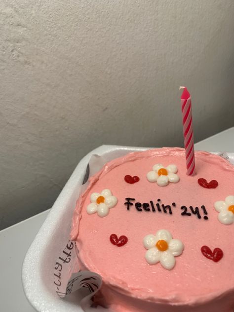 pink cake with simple design. small cake. korean lunch box cake Birthday Cake Aesthetic Quotes, Cake For 24th Birthday, 24th Birthday Ideas Cake, Cake 24th Bday, What To Write On Birthday Cake, 24 Bday Cake, Its My 24th Birthday, Lunch Box Birthday Cake, Happy Birthday 24th Birthday